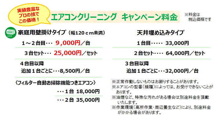 エアコンクリーニング（エアクリ）はテクノス三和へ。エアコンクリーニング　標準料金　※料金は税込価格です：家庭用壁掛けタイプ（幅120ｃｍ未満）　１～２台目・・・ ９,000円／台　３台セット・・・ 25,000円／セット　４台目以降　追加１台ごとに・・・8,500円／台　〈フィルター自動お掃除機能つきエアコン〉・・・１台 18,000円　・・・２台 35,000円　天井埋め込みタイプ　１台目・・・・・	33,000円　２台セット・・・・ 64,000円／セット　３台目以降　追加１台ごとに・・・32,000円／台　※正常作動しないものはお断りすることがあります。※エアコンの型番（機種）によっては、お受けできないことがあります。※油煙など、特殊な汚れがある場合は別途料金を頂戴いたします。※作業環境（高所作業・周辺養生など）により、別途料金がかかる場合があります。
